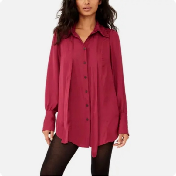 Free People NWT Lala Tie-Detail Button Up Red Blouse Women's size medium - Picture 2 of 16